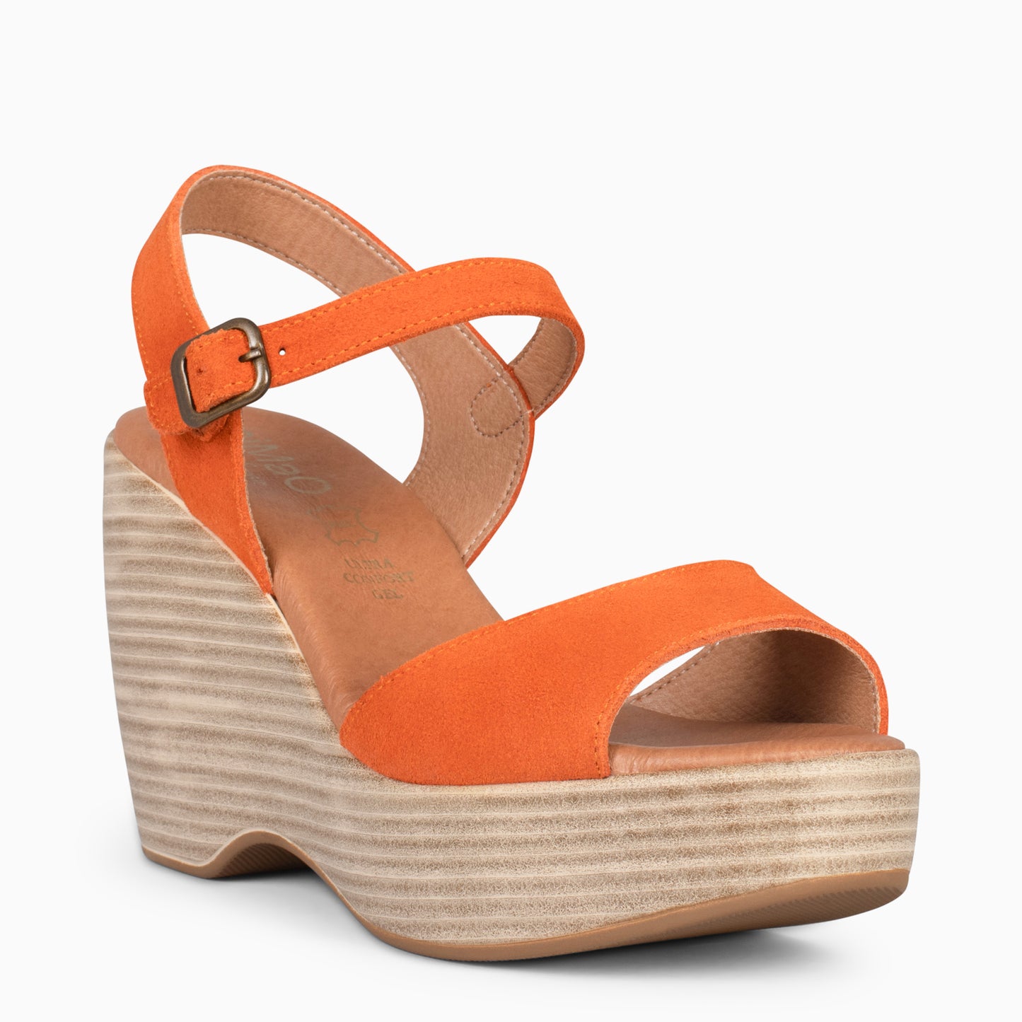 SIDNEY– Sandalias con cuña de madera NARANJA