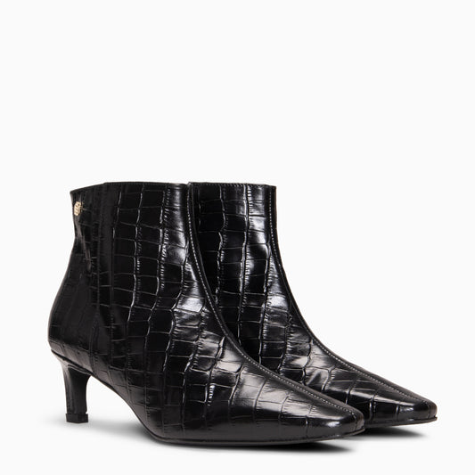 DUNDY - Botines de tacón fino en piel con efecto cocodrilo NEGRO