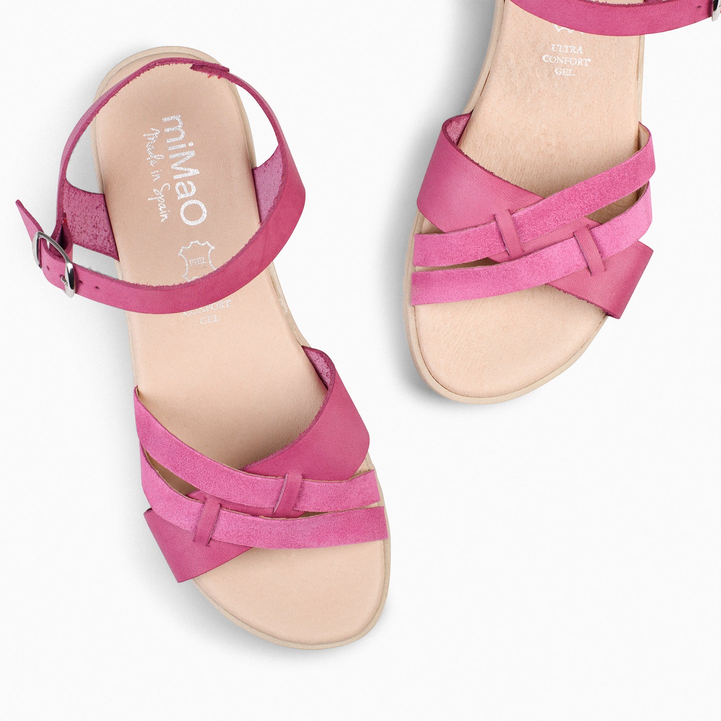 FRESH – Sandales compensées basses en cuir FUCHSIA 