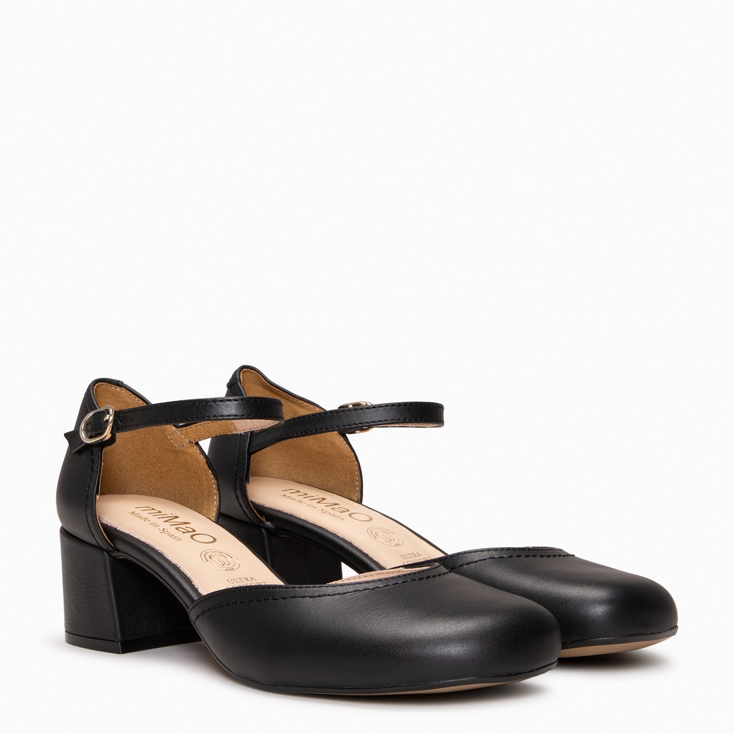 RIO - Tacones de Cuero con Correa al Tobillo NEGRO