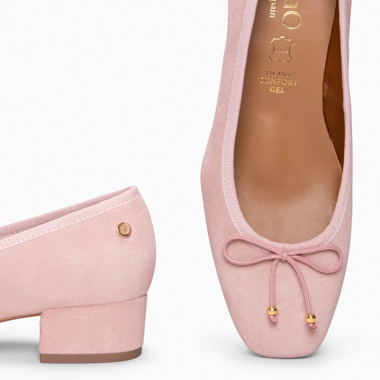 NINA – Bailarina de tacón bajo en piel de serraje NUDE