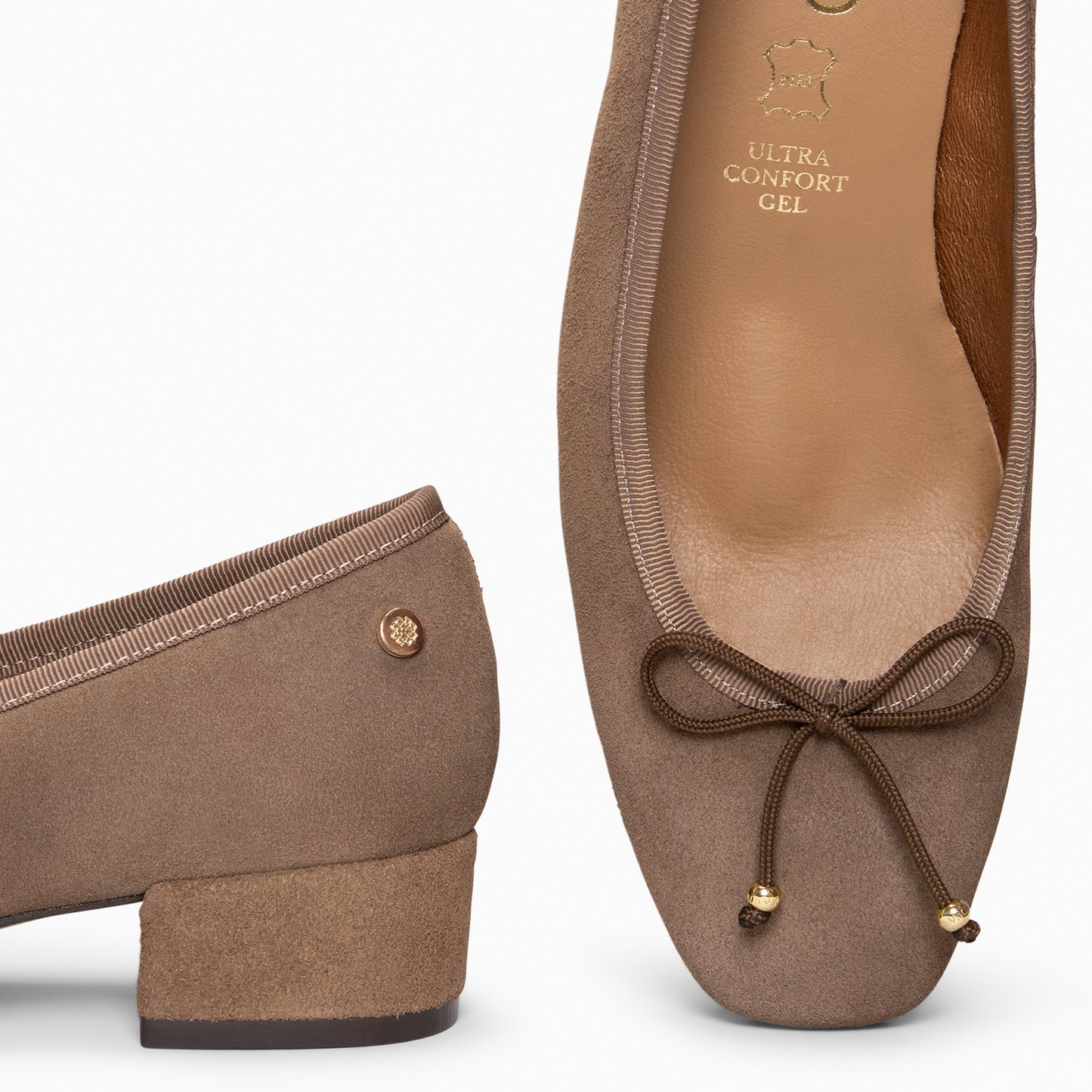 NINA– Bailarina de tacón bajo en piel de serraje TAUPE