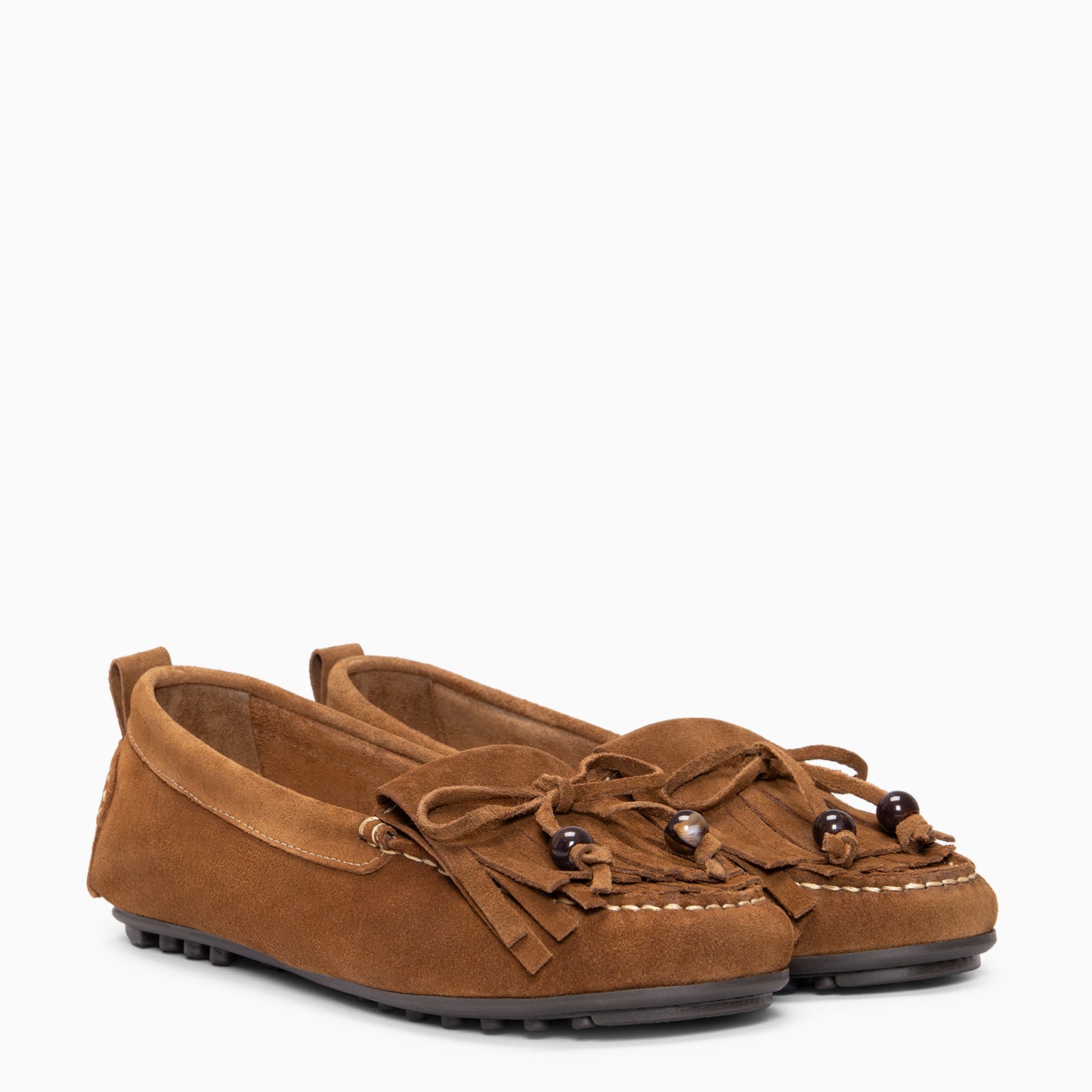 HABANA- Mocasines planos de ante con flecos y borlas CUERO