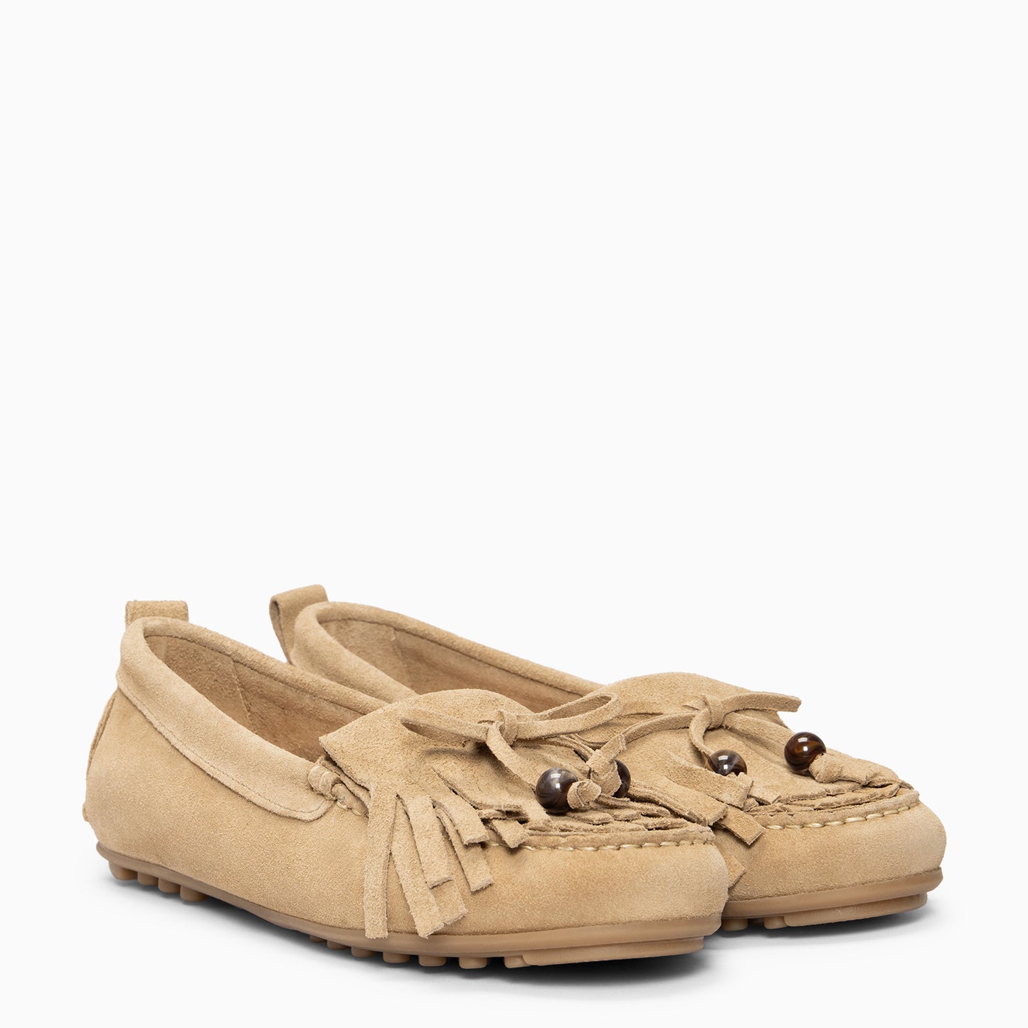 HABANA- Mocasines planos de ante con flecos y borlas BEIGE