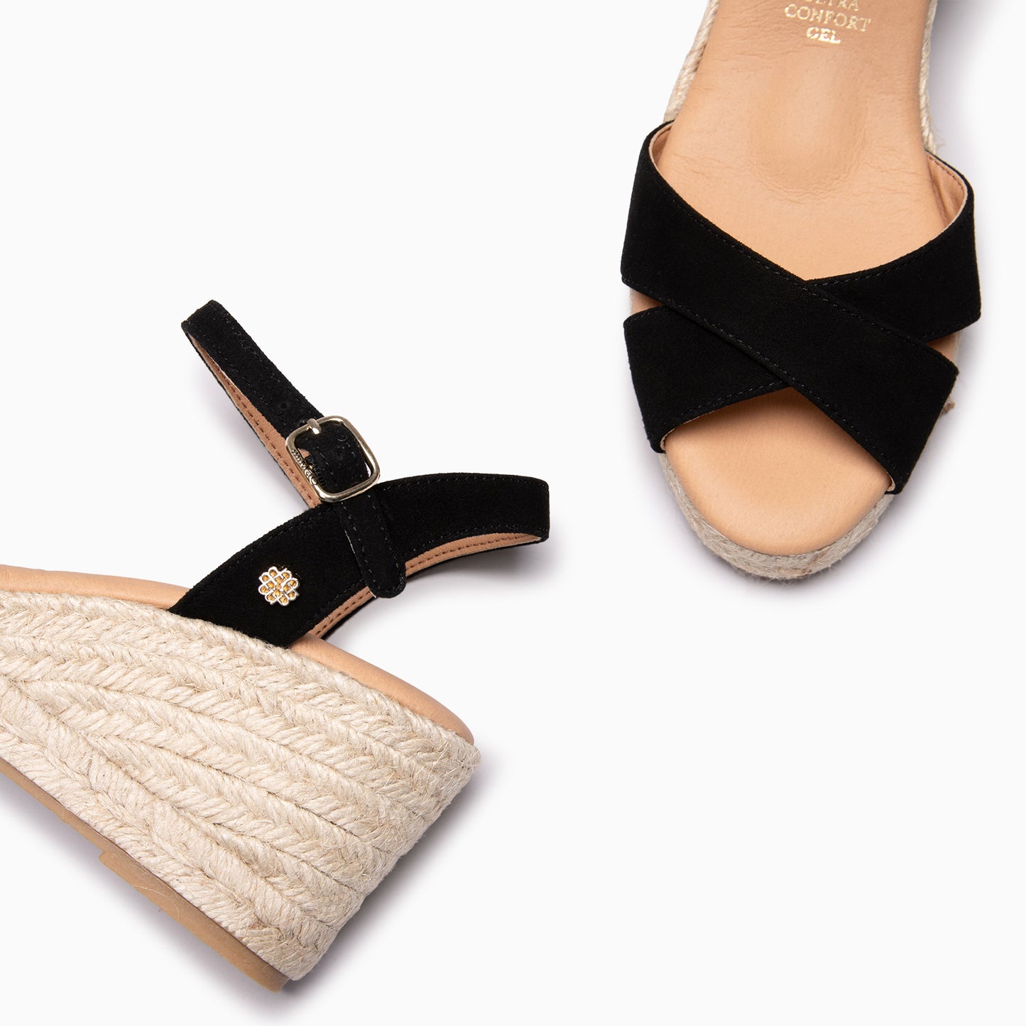 CALPE - Cuña de yute artesanal con tiras cruzadas NEGRO