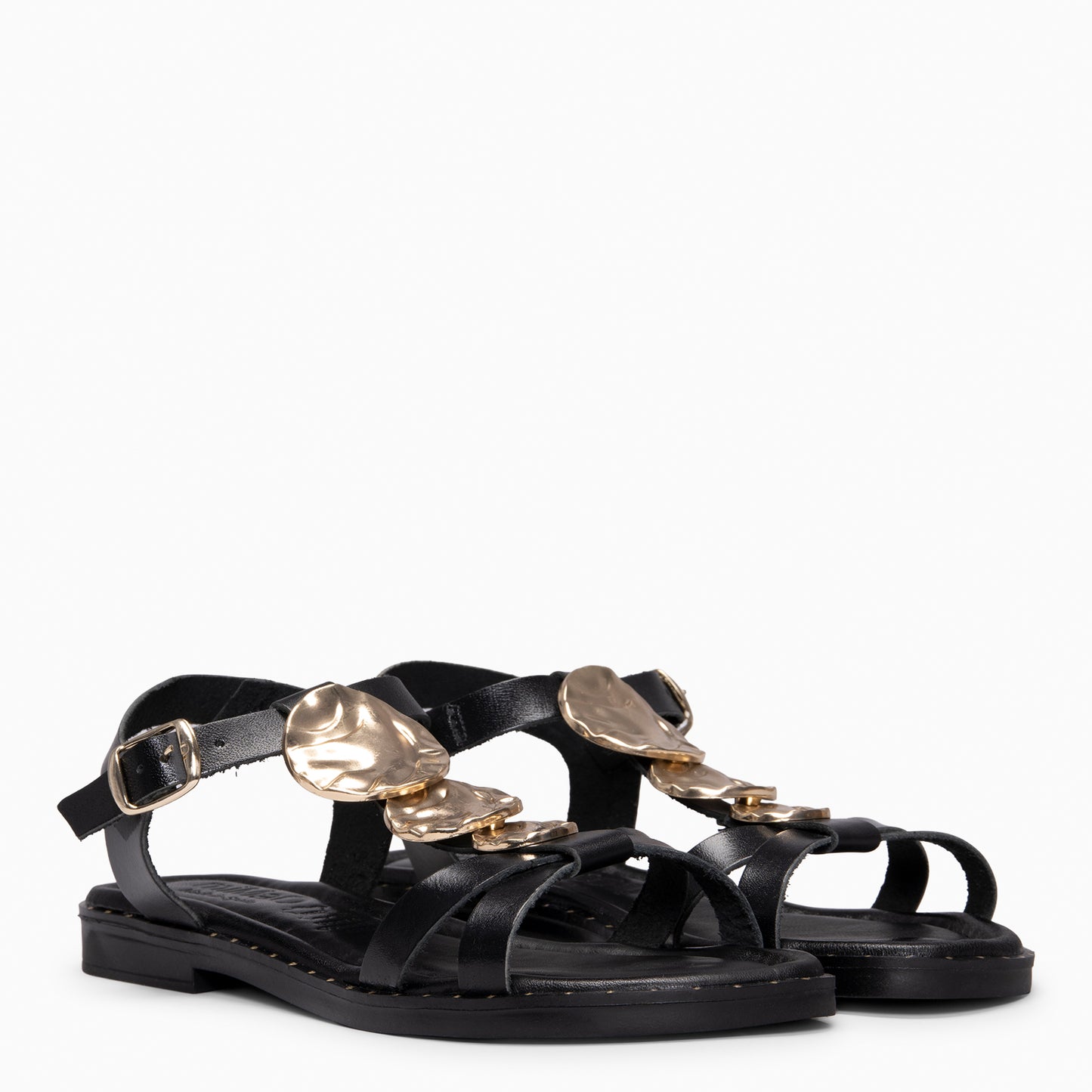 THALIA - Sandalias de piel planas NEGRO