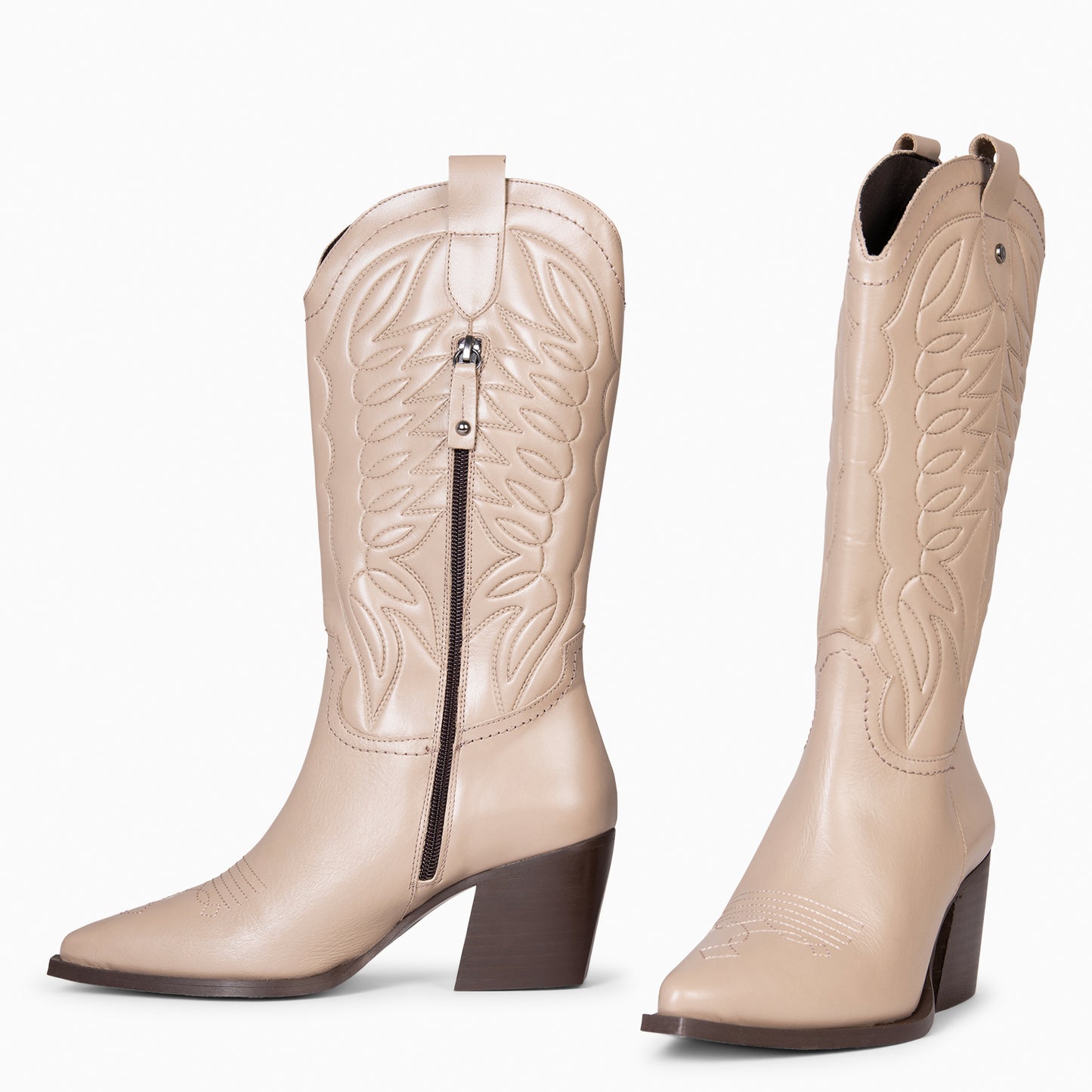 SALOON – Botas cowboy de piel bordada TAUPE