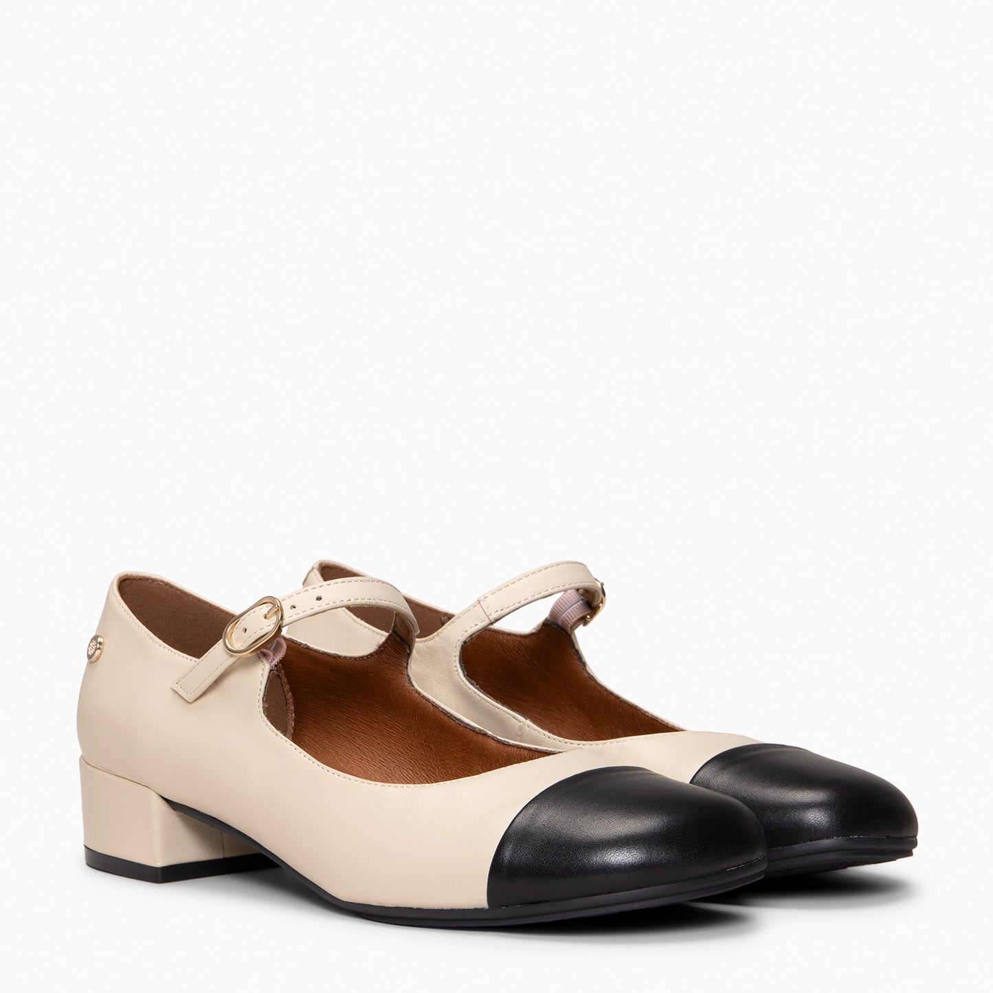 FLORA - Bailarina con tacón de piel bicolor BEIGE