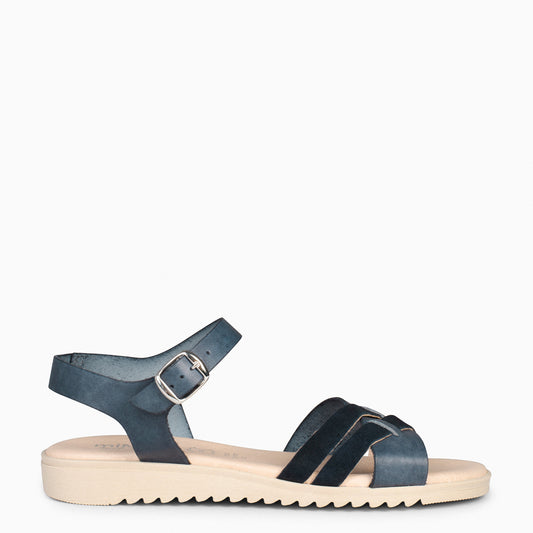 FRESH – Sandales compensées basses en cuir NAVY 