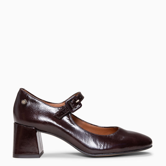 CHÉRIE - Mercedita de tacón de piel charol MARRON