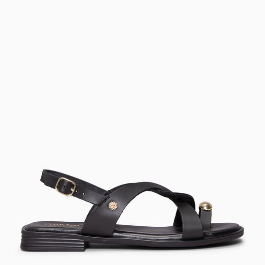 HELIA - Sandalias planas de piel NEGRO