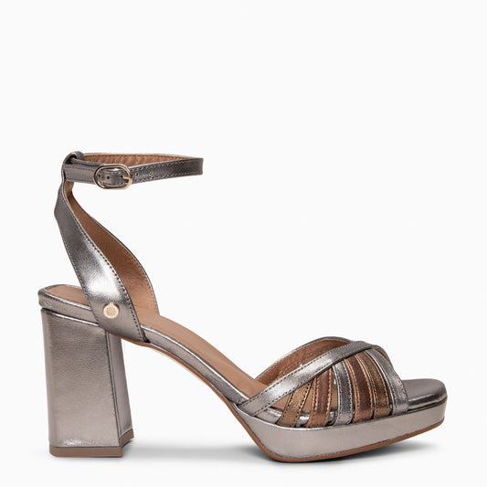 CRISTEL - SANDALIAS ELEGANTES DE TACÓN DE VESTIR PLOMO MULTIMETAL