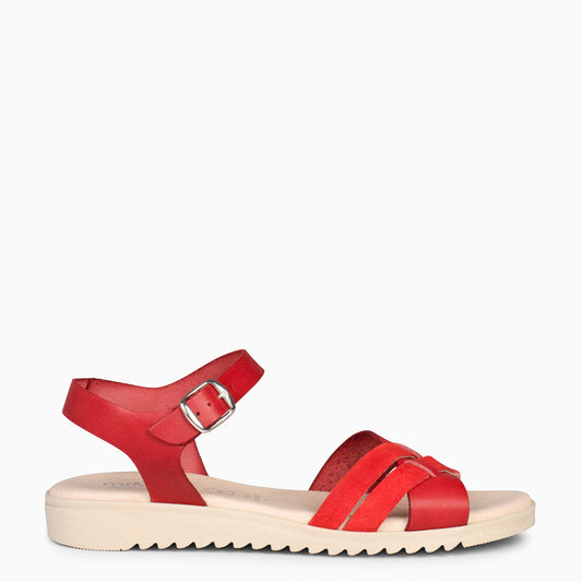 FRESH – Sandales compensées basses en cuir ROUGE 