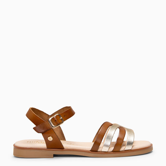 BELISA - Sandalia plana en piel de vaquetilla en CAMEL - miMaO ®