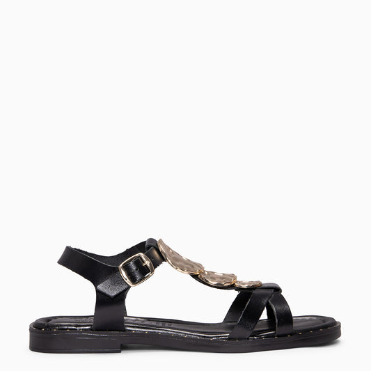 THALIA - Sandalias de piel planas NEGRO