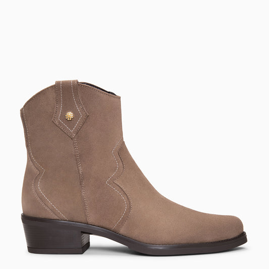 REXTON - Botines cowboy de tacón medio de serraje hidrófugo TAUPE